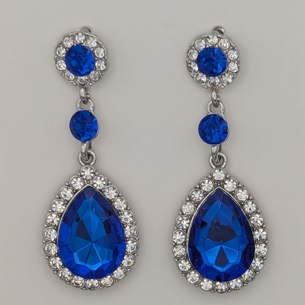 Blue Gemstone Crystal Drop Earrings Silver Bollywood Wedding Lehenga